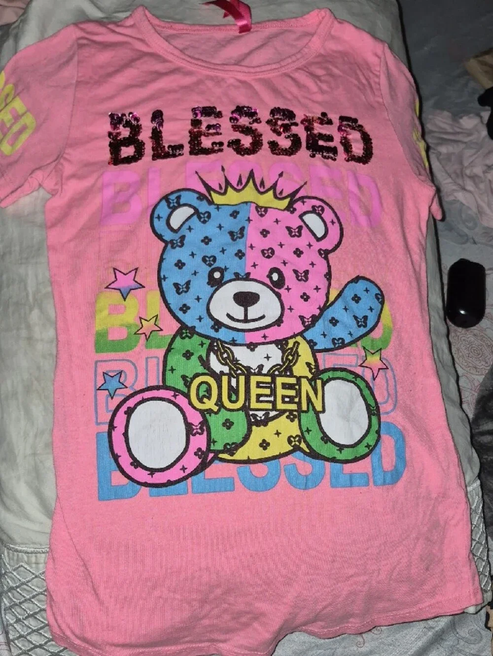 Girls Pink 'Blessed Queen' Sequin Teddy Graphic Tee